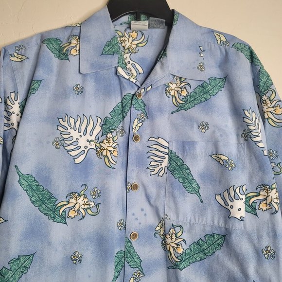OP Sport Hawaiian Shirt Mens L Short Sleeve Pastel Blue Floral Tropical - Picture 2 of 6